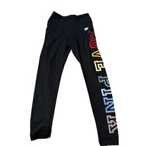 PINK Sport Love Pink Rainbow Logo Black Leggings Size M NWT